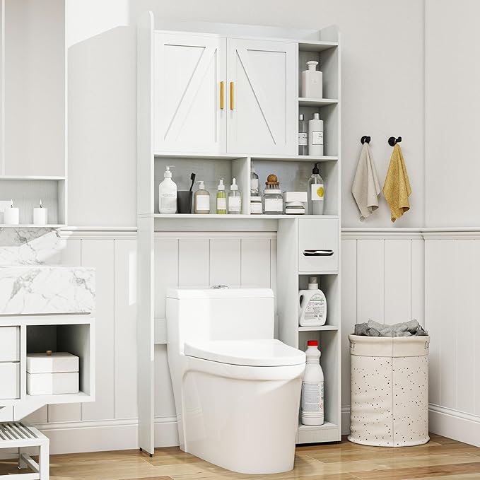 Farmhouse Over The Toilet Storage Cabinet with 2 Doors & 7 Shelves - Rustic Bathroom Cabinet Organizer Storage for Bathroom, Laundry