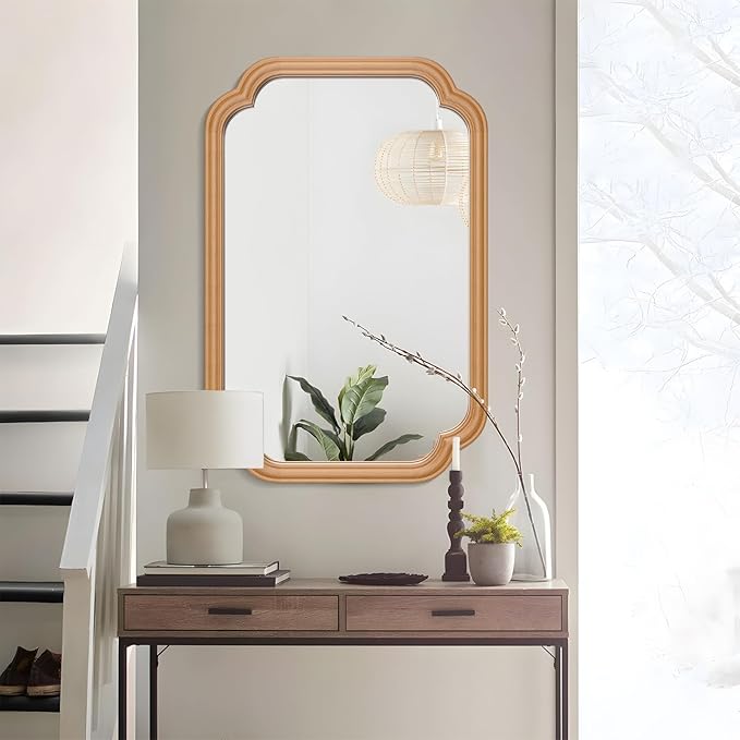 Wood Mirror for Bathroom, 20" x 30" Rectangular Wall Mirror for Bathroom Vanity with Wooden Frame Farmhouse Rounded Corner Wall Mirror Decor (Horizontal/Vertical)