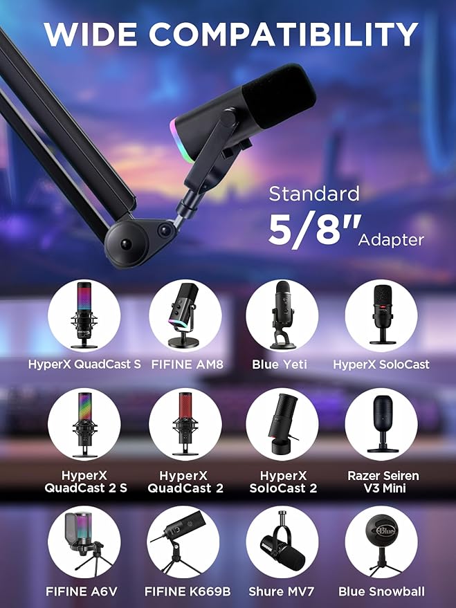 InnoGear Mic Boom Arm Microphone Stand Cable Management for Blue Yeti FIFINE AM8 K669B HyperX QuadCast S SoloCast AT2020 Shure SM7B MV7 and Other Microphone