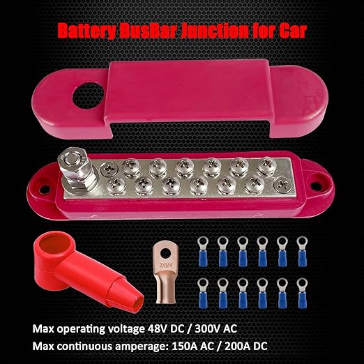 1/4" Stud Power Distribution Block Bus Bar with 12 x #8 Screws, Ampper 5.3" 12V 150A Marine BusBar Battery Distribution Block Kit W/Cover for Car Boat Solar (Red)