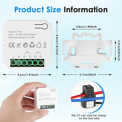 Smart Home Energy Monitor 2×120A, Dual-Channel Real-Time Electricity Usage Monitoring for Household Power, WiFi Energy Meter with App Control, Compatible with Tuya/Smart Life