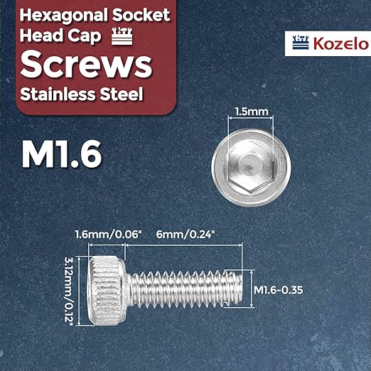 Kozelo 50pcs Socket Head Cap Screws - [M1.6-0.35 x 6mm] 304 Stainless Steel Allen Socket Drive for Electrical Motor 3D Printing Fan Engine Replacement Use, Silver