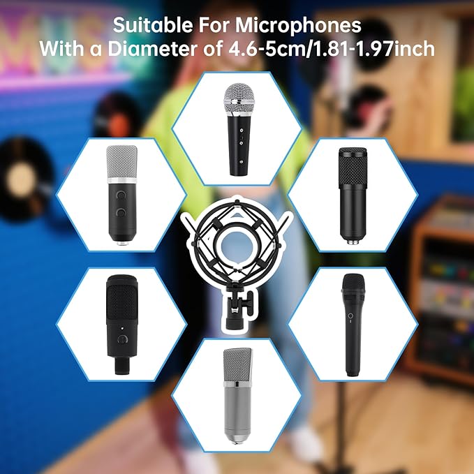 Anti-vibration Microphone Shock Mount for 46mm-50mm Condenser Microphones with Pop Filter for Broadcasting Studio Music Recording, Wind Pop Screen Flexible 360 Degree Gooseneck Clip Arm