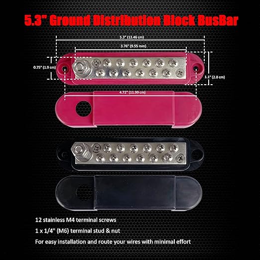 1/4" Stud Power Distribution Block Bus Bar with 12 x #8 Screws, Ampper 5.3" 12V 150A Marine BusBar Battery Distribution Block W/Cover for Car Audio Boat Solar (Red & Black)