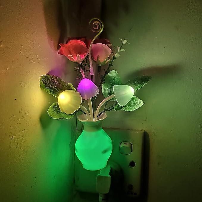 AUSAYE 4 Pack Plug in LED Night Light Sensor Light Rose Flower Decor,Energy Saving Lamp Dream Nightlight Mushroom Night Lights for Kids Adults Bedroom,Bathroom,Living Room,Kitchen,Hallway
