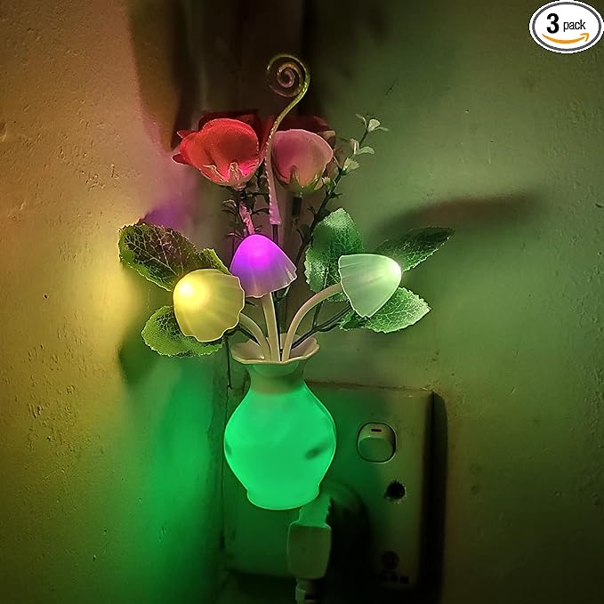 AUSAYE 3Pack Sensor Night Light Plug in Rose Flower Light, Energy Saving Lamp Dream Nightlight Mushroom Night Lights for Kids Adults Bedroom,Bathroom,Living Room,Kitchen,Hallway