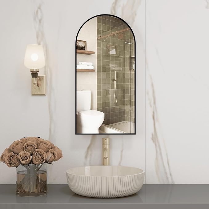 Arched Medicine Cabinet with Mirror,Vanity Mirror with Storage,Wall Mounted Medicine Cabinet with Adjustable Shelves, Reversible Door & HD Mirror,15.7x29.5 inch,Not Recessed,Black