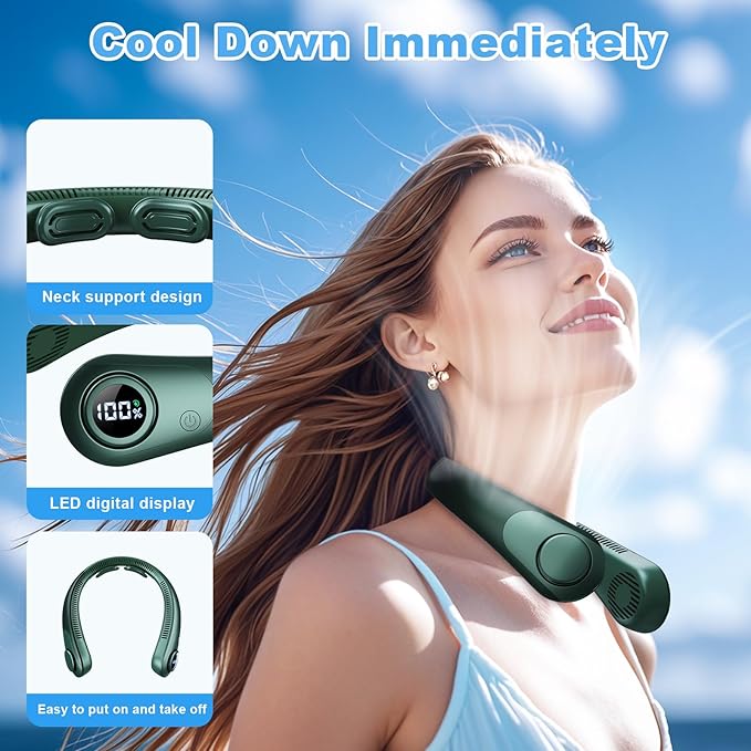 Portable Neck Fan that Blow Cold Air, LED Display, Rechargeable Hands-Free Wearable Cooling Personal Fan, 5 Speed, Neck Support, Bladeless Neck Air Conditioner, Gift for Women/Men, Hot Flashes, Travel