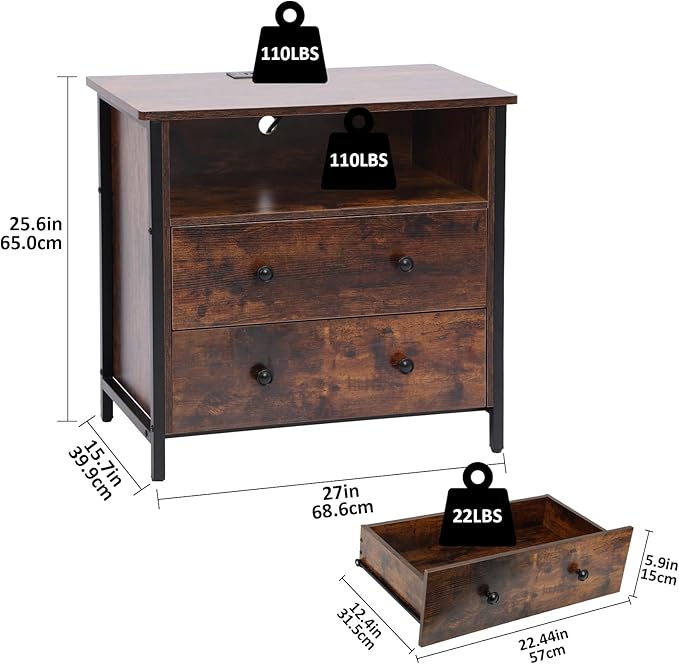 Tykacna 27 Inch Wide Night Stand, Large Wood Night Stand with 2 Drawers, LED Nightstand with Charging Station and Adjustable Drawer, Bedside Table for Living Room/Bedroom/Study/Office, Retro.