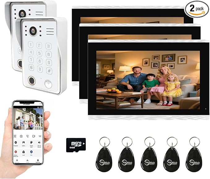 Wired Video Door Phone Kit Apartment Intercom System,10 Inch Touch Screen Monitor(Silver)with 1080P HD Doorbell Camera,Supporting Motion Detecting 5 in 1 Unlcking (2 Doorbell + 3 Monitor)