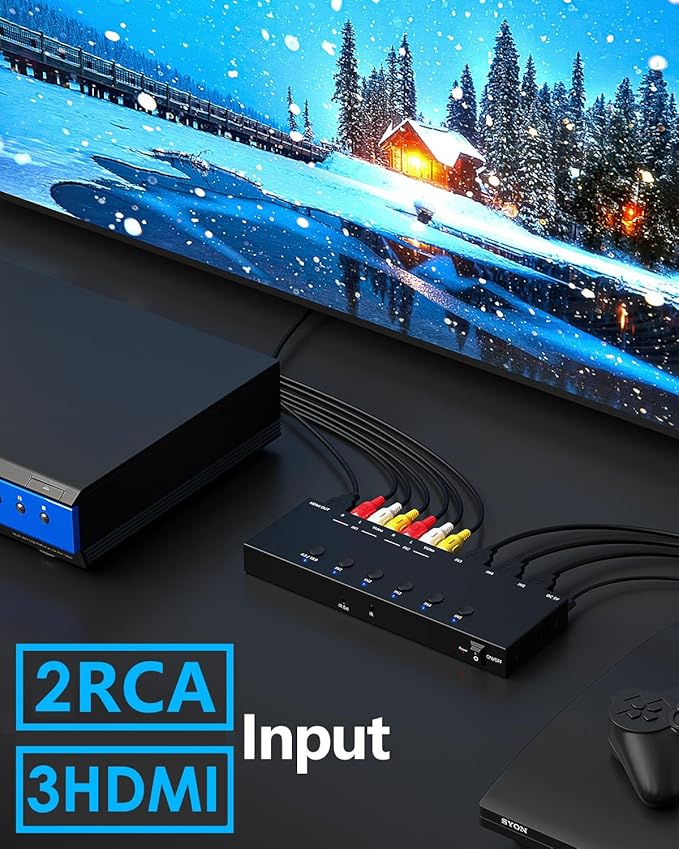 2-in-1 HDMI & AV Switcher – Play PS5 & Retro Games on 1 TV, 3 HDMI 2.0 (4K HDR) + 2 RCA Inputs – Supports Xbox Series X/Switch/Wii/PS2/N64 – HDCP 2.2, 3D, 4:3/16:9 Toggle