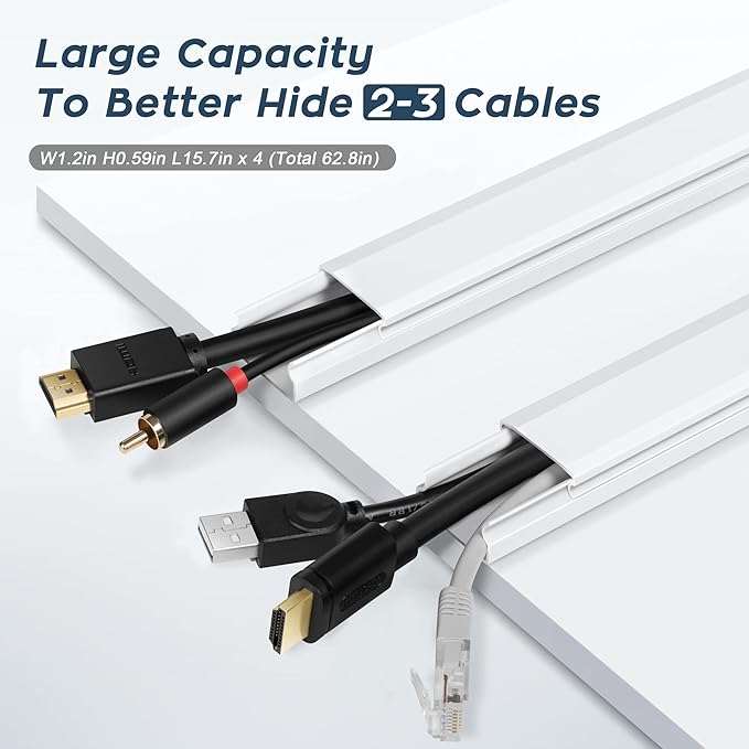 YCLYC 62.8in Cable Cover Wall, White Wire Cover for Wall, Paintable Cord Cover Wall Kit, Cord Hiders for TV on Wall, Hide Cords Wall Mounted TV - Cord Concealer Cable Channel 4xL15.7in W0.98in H0.5in
