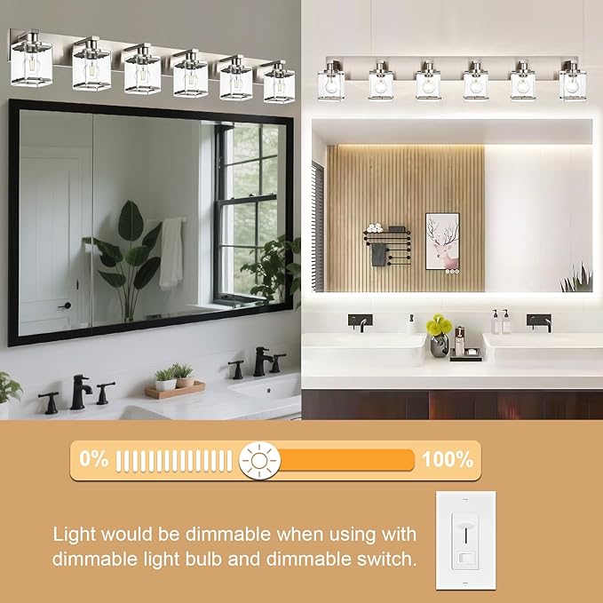 WINSHEN 6-Lights Brushed Nickel Bathroom Light Fixture Over Mirror, Modern Wall Sconce with Clear Glass Shades, E26 Bulb Base Vanity Lighting for Over Mirror Kitchen