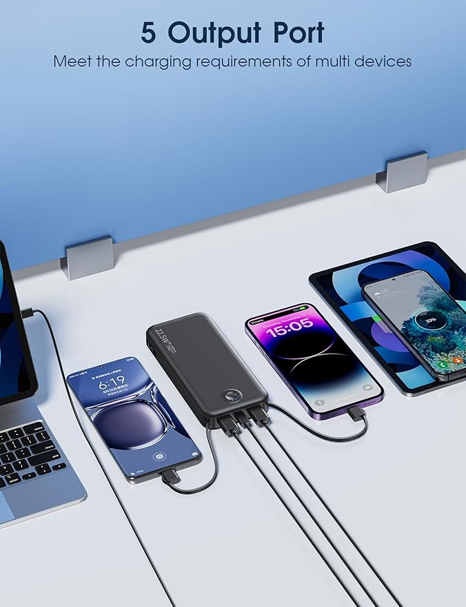 Nusyddy 22.5W Super Fast Charging Portable Charger with Wall Plug,12000mAh USB-C Power Bank Built-in 2 Cable, Lightweight Phone Charger Travel Battery Pack for All iPhone, Samsung, Tablets