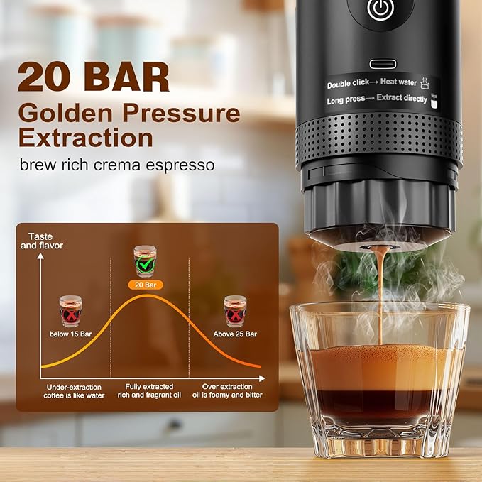 Portable Battery Espresso Coffee Maker for Travel, 20 bar Smart Display Mini Car Espresso Machines, 3-in-1 Self-Heating Electric Espresso Maker, USB-C Ground Coffee & Capsule Pod(Ns&DG) RV, Hiking