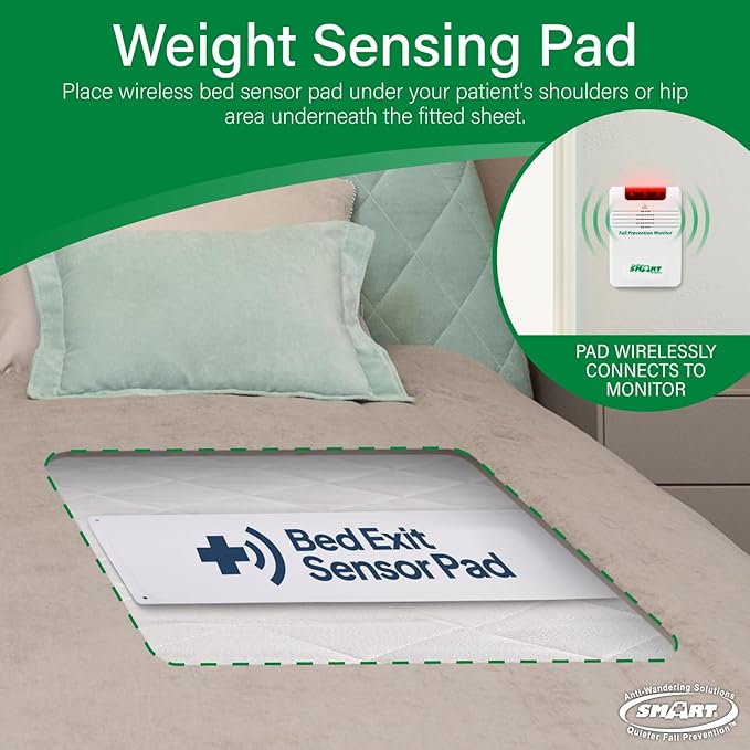Smart Caregiver Wireless Bed Pad Alarm System with Weight Sensor Pad for Fall Prevention | 10" x 30" Alarm Pad for Bed Alerts Medical Caregiver | Cordless Bed Alarm with Up to 300' Range