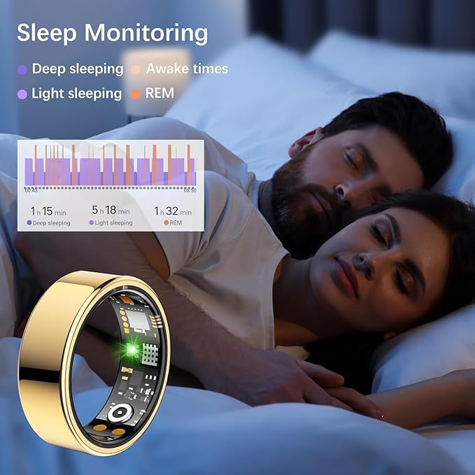 Smart Health Ring for Women Men, Fitness Tracker Ring with Heart Rate, Blood Oxygen, Sleep Tracker, Step Tracker, No Subscription Fee, IP68 Waterproof Smart Ring for iPhone & Android (Gold, 6#)