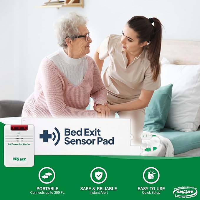 Smart Caregiver Wireless Bed Pad Alarm System with Weight Sensor Pad for Fall Prevention | 10" x 30" Alarm Pad for Bed Alerts Medical Caregiver | Cordless Bed Alarm with Up to 300' Range