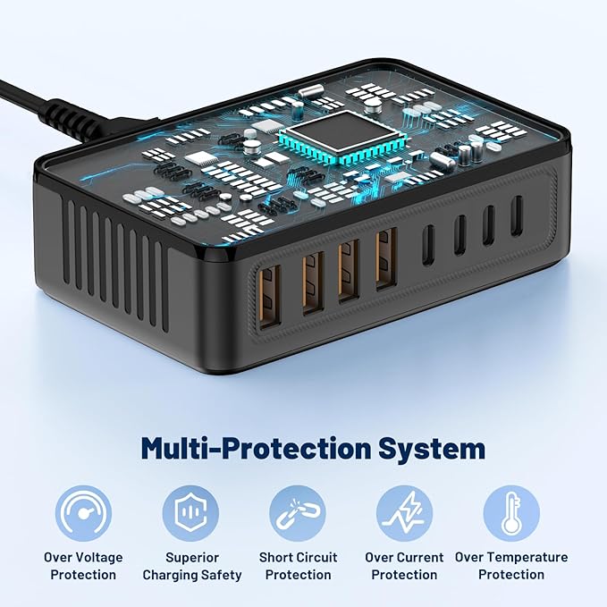 200W USB C Charging Station,8-Port GaN USB C Charger Block,PD 65W Desktop Charger, Power Strip Adapter Compatible with iPhone 17/16/ 15/14,MacBook Air/Pro,DELL,for iPad Pro,Galaxy and More,Black