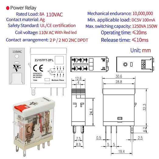 ZJWZJH Power Relay Electromagnetic with Test Button 110V 120V AC 8Amp DPDT 2Pole 2NO 2NC Socket with Indicator LED Module, UL Certification (8 Pin- 8A, AC 110V)