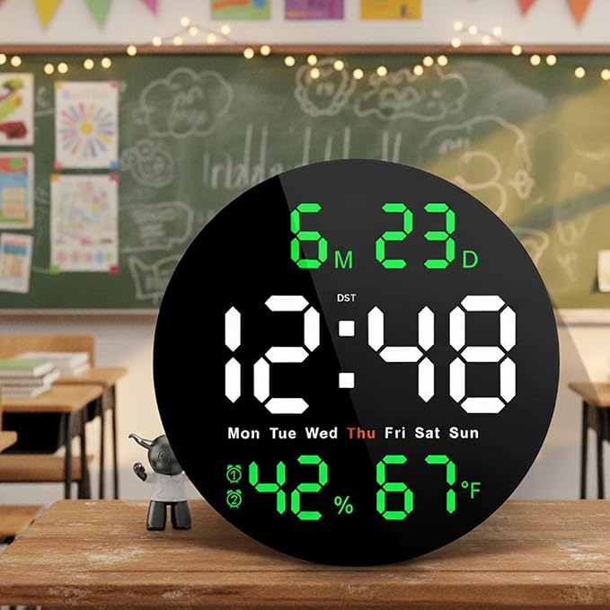 Brauthon Large Digital Clock for Classroom, Digital Classroom Clocks for Teachers, 10" Round LED Clock with Large Display，Date, Countdown Timer, Remote Control, Temperature, Electric (Green)