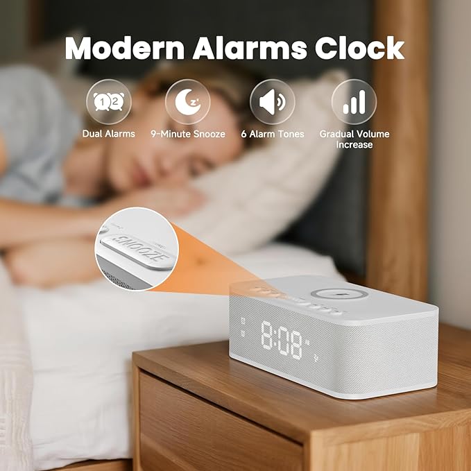 Fansbe Direct Digital Alarm Clock White Noise, Loud Digital Alarm Clocks Bedrooms, Alarm Clock Speaker Wireless Charger AUX USB Bluetooth Speaker 12/24H Dual Alarm Snooze Adjustable Brightness, White