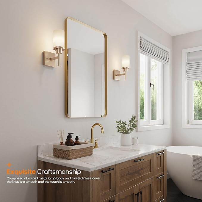 AONEON Vanity Lighting Fixtures with White Frosted Glass Shade, Champagne Bronze Wall Lamps for Bathroom Mirror Bedroom Living Room Porch, 2 Pack T001CPG-L1-P2