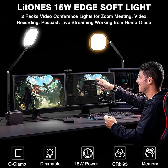 2 Packs Video Conference Light for Computer, 15W LitONES Desk Light for Zoom Calls Meeting with C-Clamp & Metal Swing Arm, Podcast Lighting Kit with Remote, Memory & Timing CRI＞95