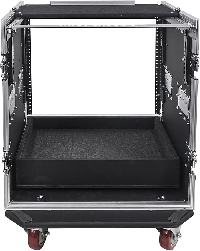 Sound Town 12U PA DJ Pro Audio Rack/Road ATA Case with 2U Drawer, 11U Slant Mixer Top, DJ Work Table, Casters, Pro Tour Grade (MR-DR12UT)
