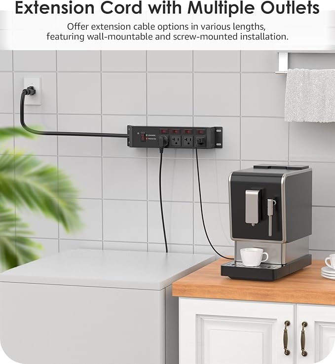 CCCEI Heavy Duty Surge Protector Power Strip 20 Amp Individual Switches. 20FT 12 Gauge Extension Cord with Multiple Outlets. Kitchen, Garage, Shop, Industrial Wall Mount Electric Extender, Black.