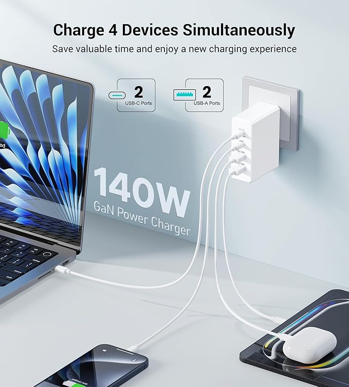Mac Book Pro Charger - 140W Type C Fast Charger for USB C Port MacBook Pro & MacBook Air, ipad Pro, 4-Port PD20W Wall Charging Block Cube for iPhone 17/16/15/14/13 Pro Max, iPad,Samsung Galaxy