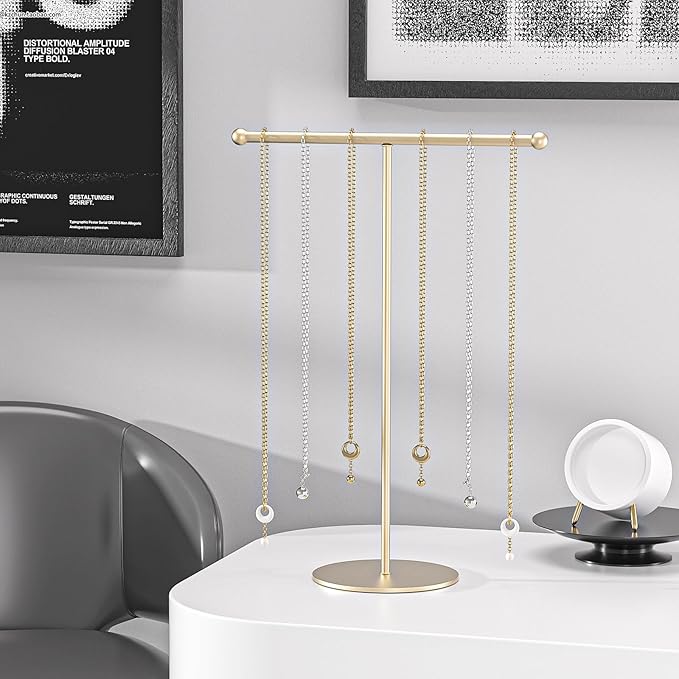 Justsoso Metal T-Bar Necklace Holder Stand, Necklace Hanging Display Stand, Tabletop Jewelry Organizer Stand for Necklace Bracelet Earring Display (Gold With Metal Base)