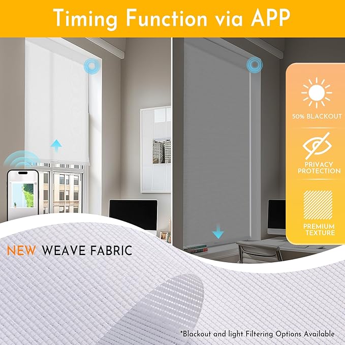Persilux Smart Motorized Blinds with Remote, No Drill Automatic Roller Shades for Indoor Windows, Light Filtering Linen Fabric, Electric Blinds for Windows, Weave Swan C162-1, Custom Size