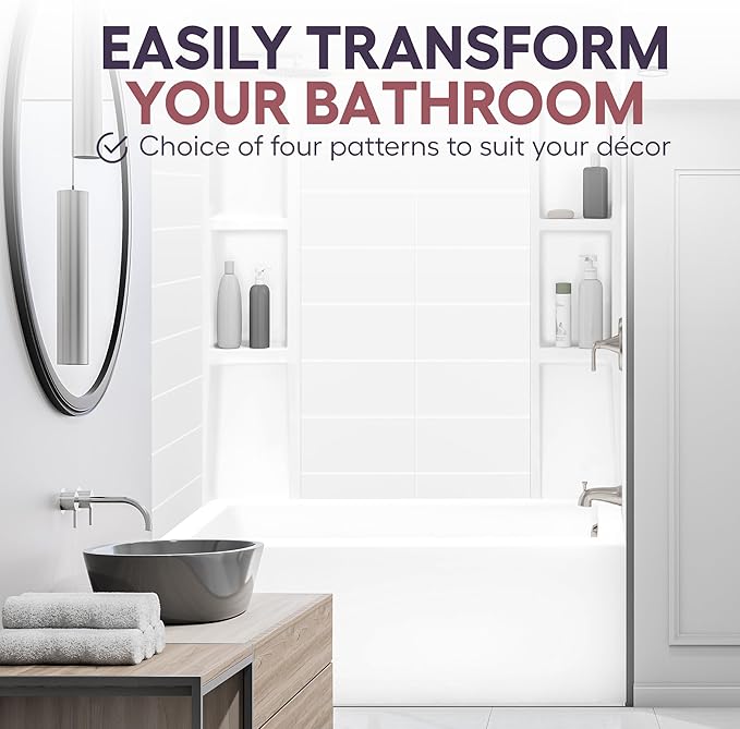 White Acrylic Tub Wall Surround 32"x 60"x 58" - Waterproof, Easy-to-Install, Two Shelf Units Kit Included - Bathtub Wall Surround Panels - Stacked Tiles Pattern, Classic Shelves - Noah William Home