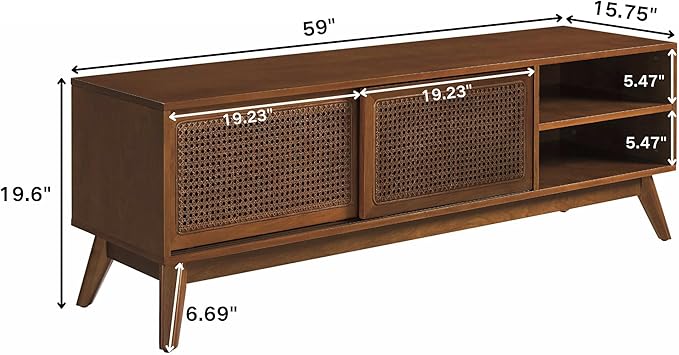 LKTART Mid Century Modern TV Stand for 55/60/65 inch TV,Boho Rattan Media Console with Sliding Doors for Living Room (Light Walnut, 59")