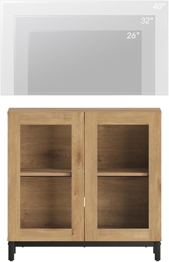 WAMPAT Modern TV Stand with Glass Doors for 32-40 inch TVs, Entertainment Center Console with Adjustable Shelves for Living Room, Bedroom, Oak