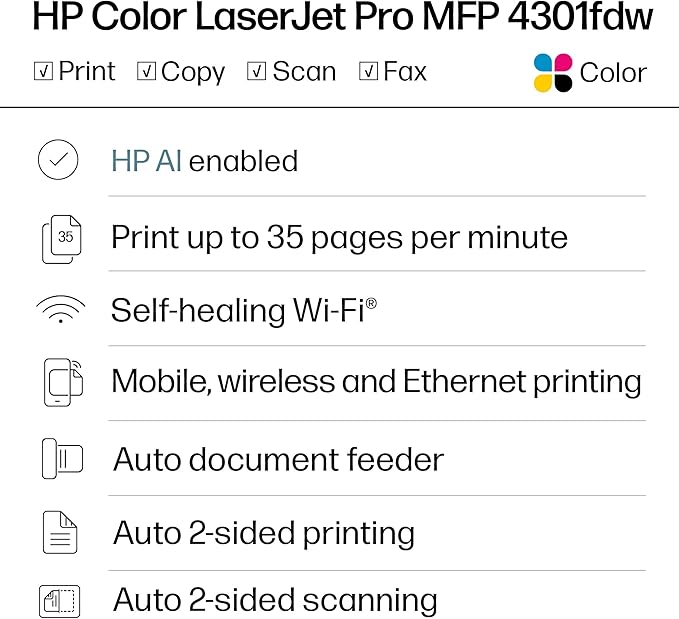 HP Color Laserjet Pro MFP 4301fdw Wireless All-in-One Color Laser Printer, Scanner, Copier, Fax, Best-for-Office
