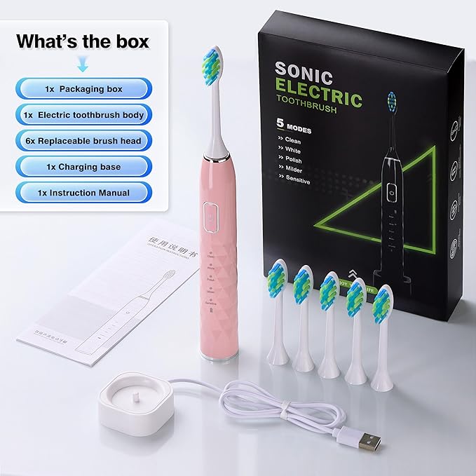 ZUAMEGU Sonic Electric Toothbrush for Adults - Deep Cleaning Teeth Whitening6 Replacement Brush Heads100-Day Battery5 Modes w/SensitiveIPX7 Waterproof (Color Options)