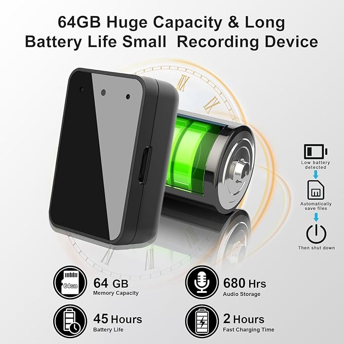 64GB Magnetic Voice Recorder- Mini Voice Recorder with Earphones, Type C Port Continuous Recording Device, Portable Mini Grabadora de Voz, Easy to Use Audio Recorder for Lectures, Interview, Meetings