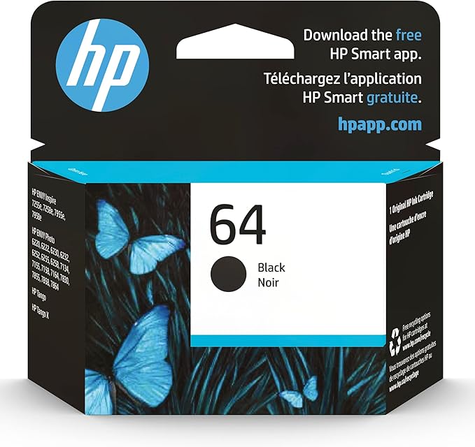 HP 64 Black Ink Cartridge | Works with Envy Inspire 7250e, 7950e, Envy Photo 6200, 7100, 7200, 7800, 7900, Tango Series | Eligible for Instant Ink | N9J90AN