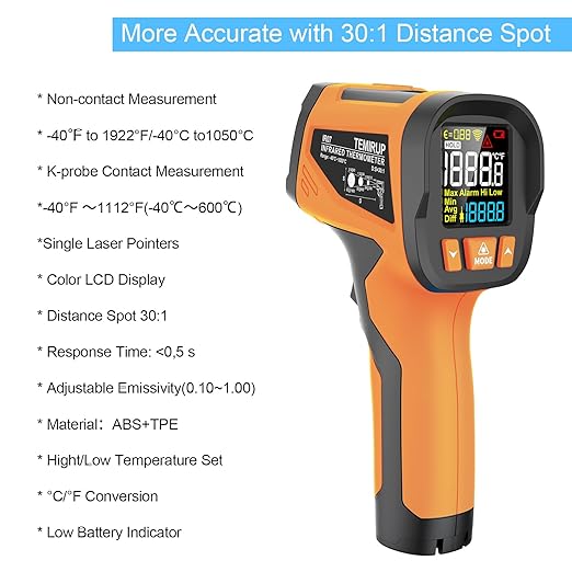 TEMIRUP Infrared Thermometer High Temperature Gun -40℉ to 1922℉, 30:1 Pyrometer Digital IR Laser Thermometer Temp Gun with Probe for Cooking, Pizza Oven, Engine, Kilns, Forges, Industry & Home Repair