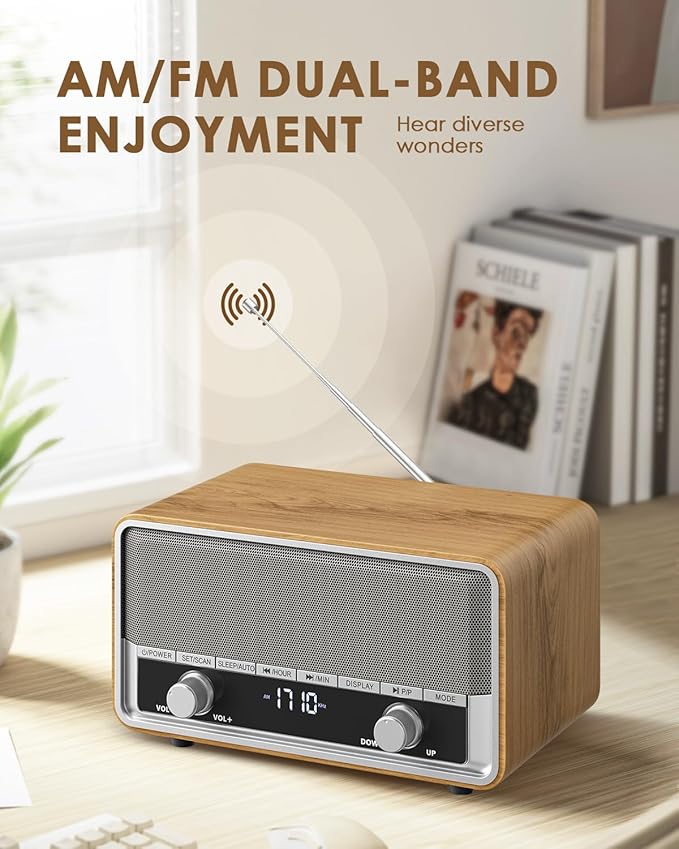 Vintage Wood AM FM Bluetooth Radio with Clock, Digital Clock Radio for Bedroom with LCD Display | 40 Presets | Sleep Timer | No Alarm, Retro Bluetooth Speaker for Office, Kitchen (Wood)