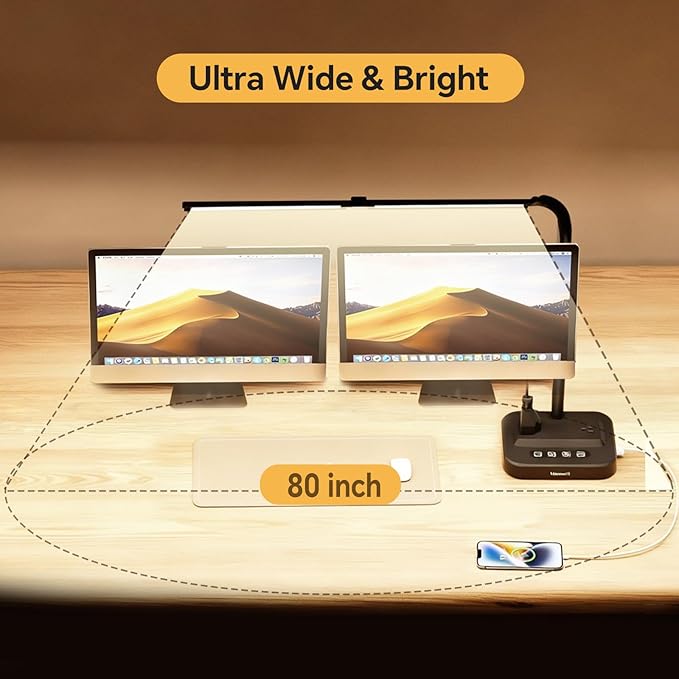 Moremili Adjustable LED Desk Lamp for Home Office | Integrated Power Hub with 2 Wide-Spaced AC Outlets, USB-C & USB-A Charging Ports | Anti-Glare Light, Foldable Design & Surge Protection