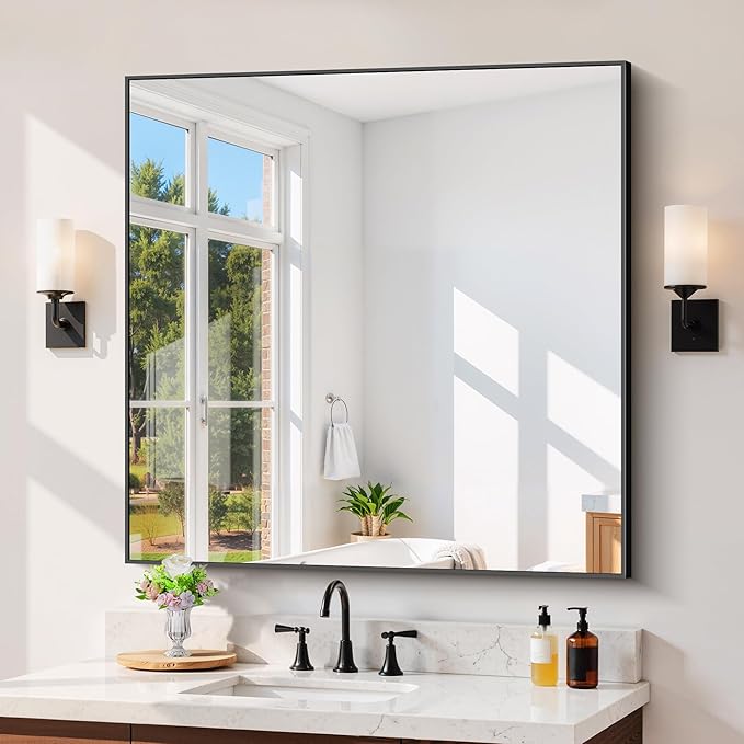 Black Bathroom Mirror for Wall, 39x39 Inch Rectangle Mirror with Metal Frame, Square Modern Vanity Mirrors for Bathroom Living Room, Entryway Hangs Horizontal or Vertical