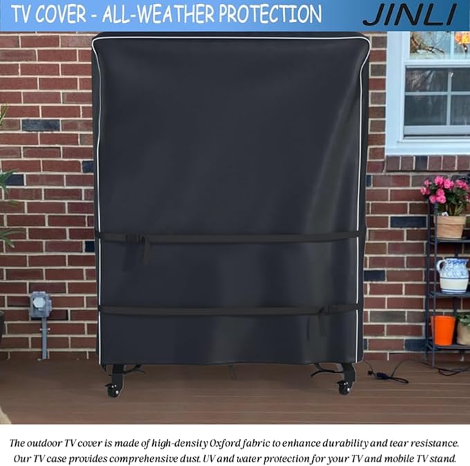 JINLI 60-65 inch outdoor TV trolley cover, courtyard TV cover, Oxford fabric waterproof and dustproof, triple windproof design, compatible with rolling/mobile stand