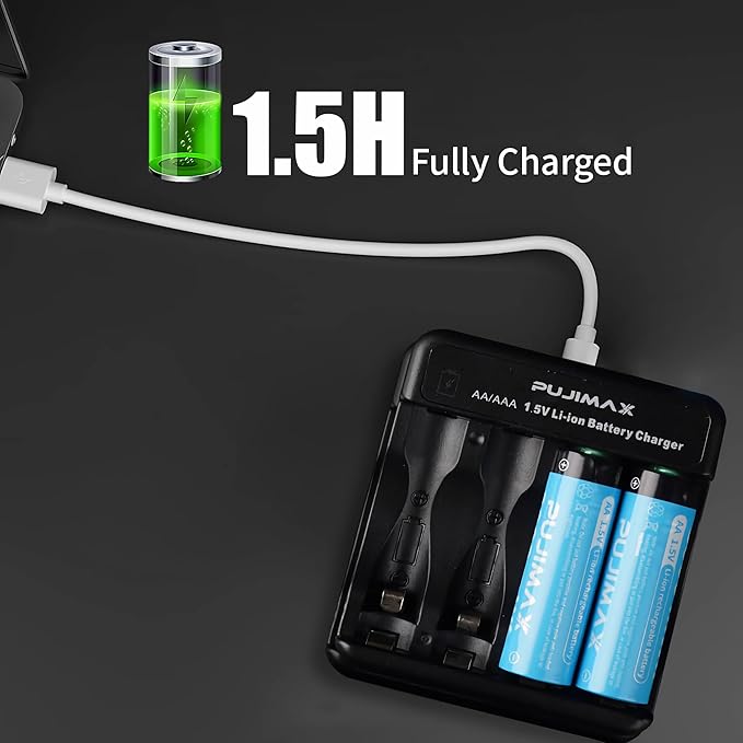PUJIMAX Rechargeable AA Batteries Lithium with Charger,High Capacity 4255 mWh 1.5v Rechargeable Li-ion Double A Batteries for Blink Camera Smart Doorbell Smart Lock 4pack