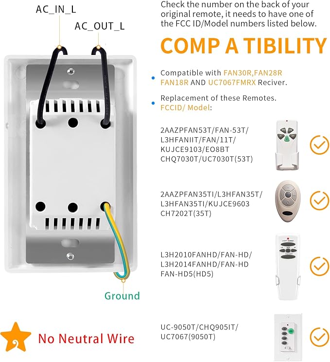 Humpptom Universal Ceiling Fan Remote Control, Ceiling Fan Wall Switch UC9050T, UC9050T Ceiling Fan Wall Remote Control Compatible with Hampton Bay Harbor Breeze Hunter