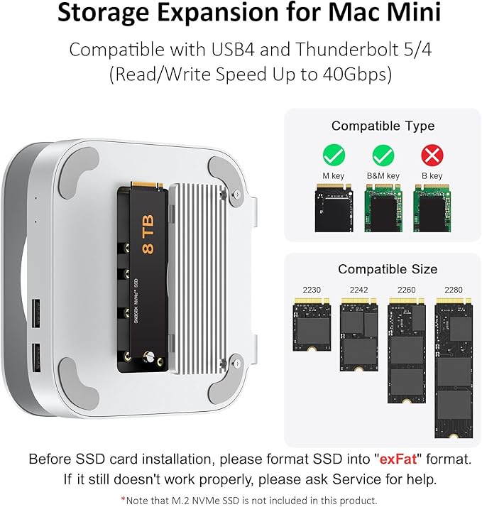 Akkyajaure 40Gbps USB4 Hub & Stand for Mac mini M4/M4 Pro, All-Aluminum Docking Station with 40Gbps M.2 SSD (NVMe PCle) Enclosure, 3*USB 2.0, 3.5mm Audio, USB4 Host | Mac mini M4 USB-4 Dock