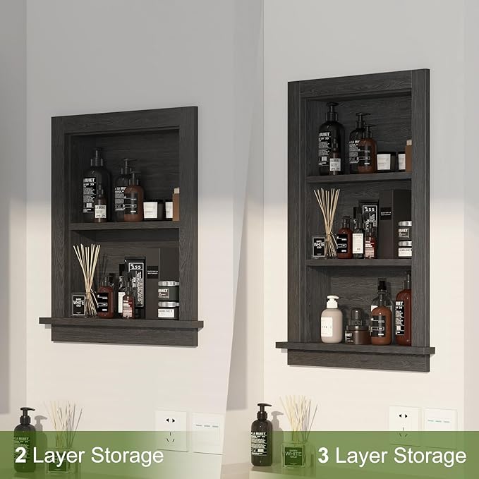 Recessed Medicine Cabinet,14x24 in Wall Bathroom Cabinet with Storage,Bathroom Niche for Shower Wall for Bedroom/Hallway,Black Shower Wall Niche Insert for Drywall,MDF