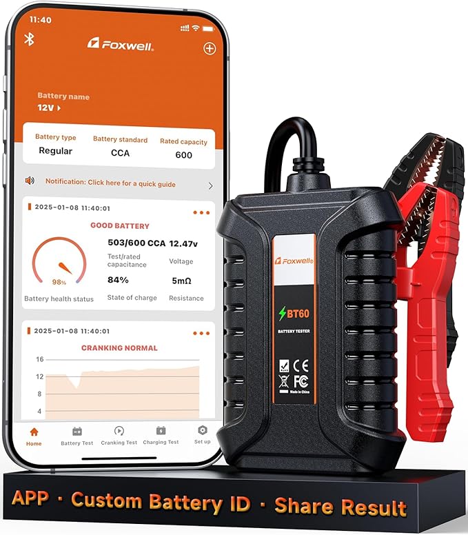 Bluetooth Car Battery Tester Foxwell BT60, 12V Battery Load Tester, Cranking Charging System Analyzer Fit for Android/iPhone & FOXWELL NT7/8/9 Series, 100-2000CCA Alternator Tester for Car Truck SUV